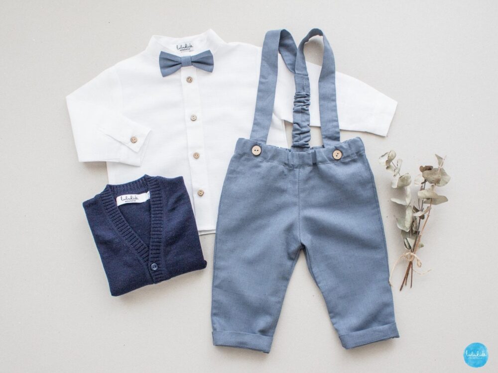 Boy Wedding Suit, Baptism Outfit, Ring Bearer Suit - 4Pcs Linen Outfit Blue Pants With Straps + Bow Tie Shirt Cardigan 100% Wool