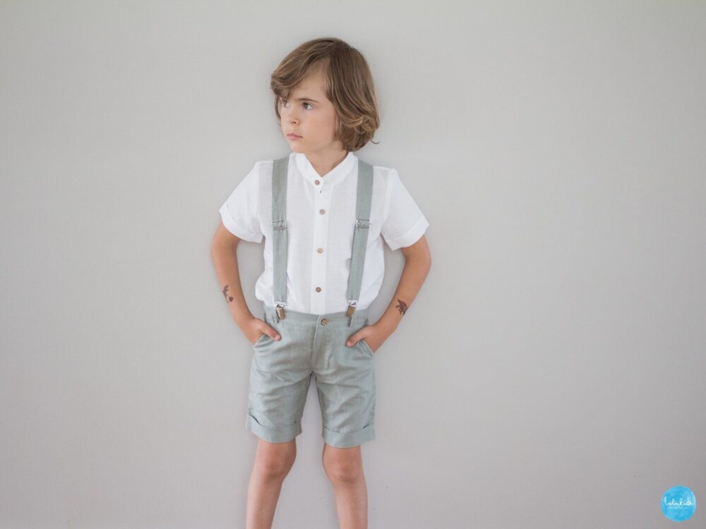 Boys' Wedding Outfit, Ring Bearer Suit, Baptism Toddler Suit - 2-Piece Sage Green Linen Outfit Shorts + Suspenders