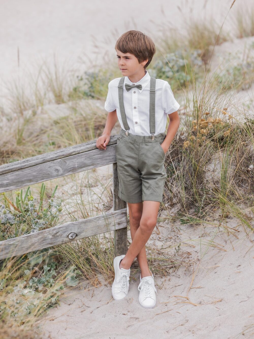 Boys' Wedding Outfit, Ring Bearer Suit, Baptism Toddler Suit - 2-Pcs Smoke Green Linen Outfit Shorts + Suspenders