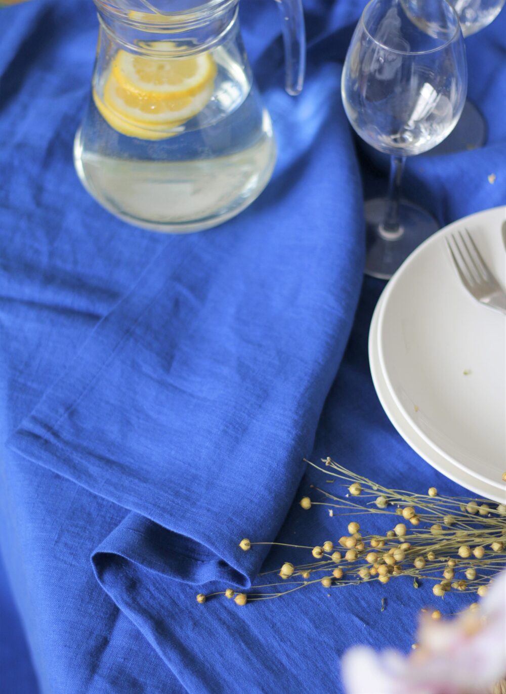 Blue Linen Table Clothes, Indigo Wedding Cloth, Washed Tablecloths, Square Dinning Royal Blue Setting