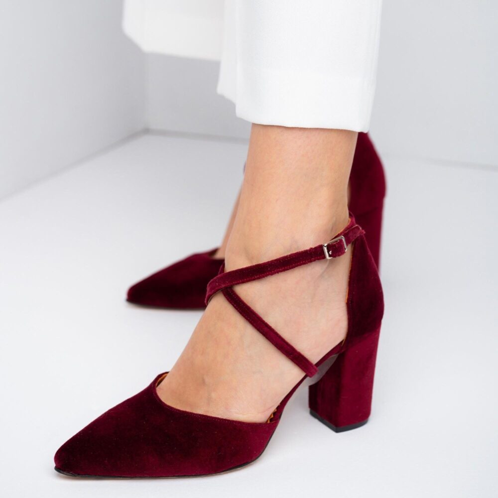 Burgundy Velvet Wedding Heels, Handmade Bridal Block Heel Shoes
