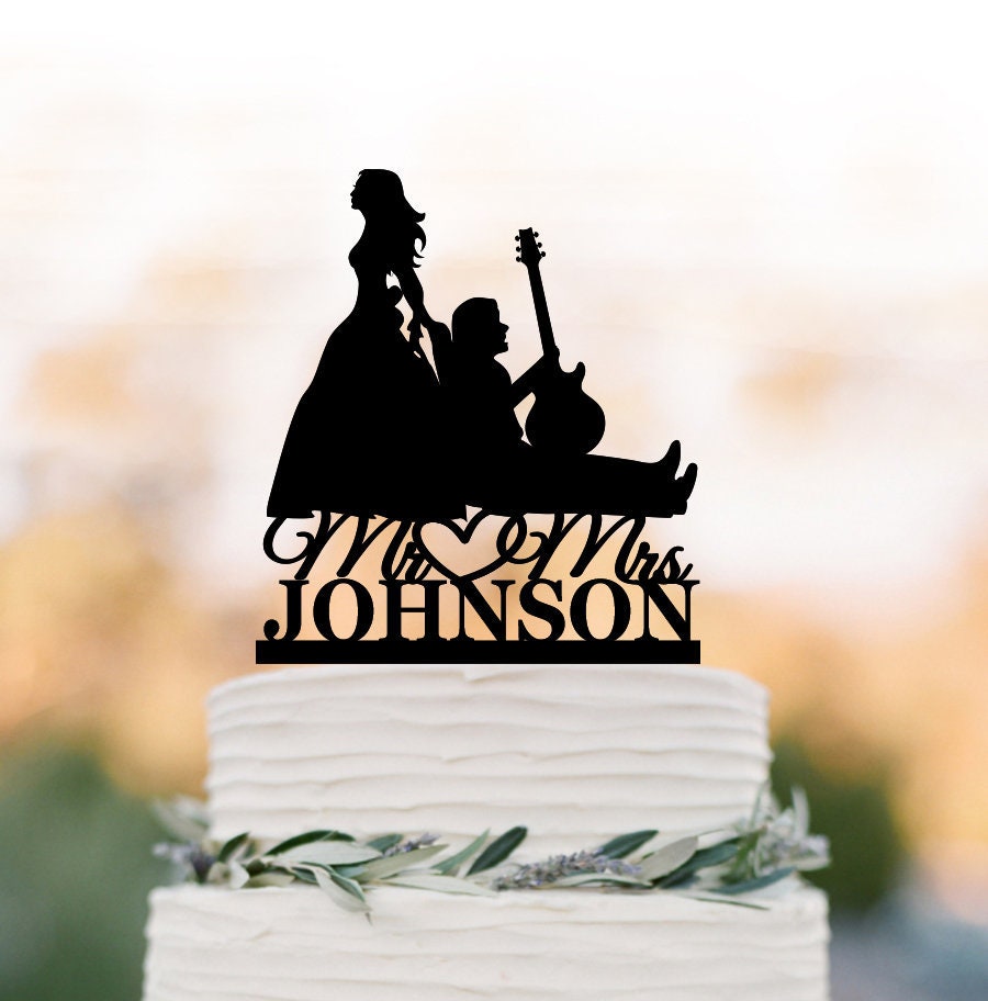 Guitar Player Wedding Cake Topper, Bride Pulling Musician Groom Silhouette, Dragging Groom, Funny Music Topper Personalized