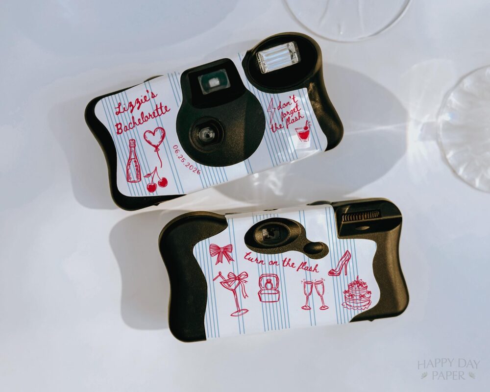 Coquette Wrap For Disposable Camera Bachelorette Party Label Only Pinstripe Cherry Bow Cover