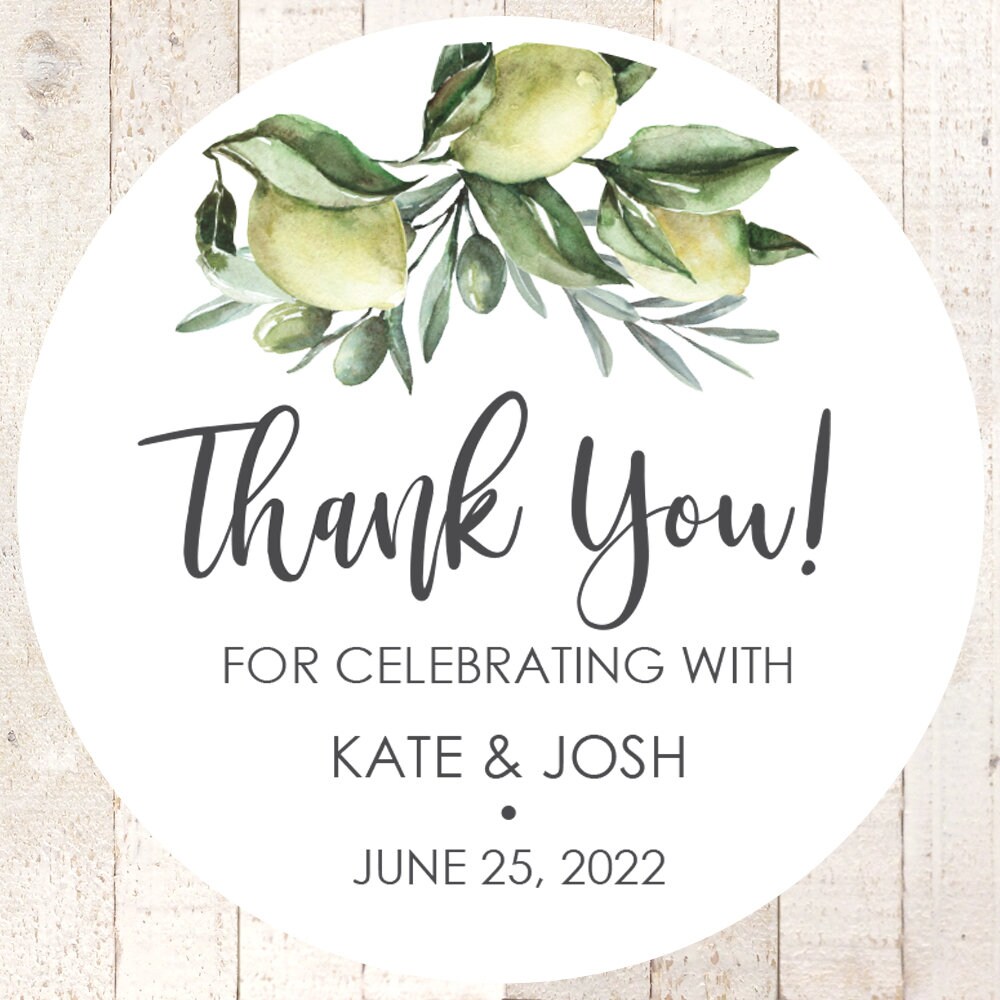 Lemon Citrus Wedding Favor Stickers, Thank You Italian Rustic Olive Branch Labels - Set Of 24