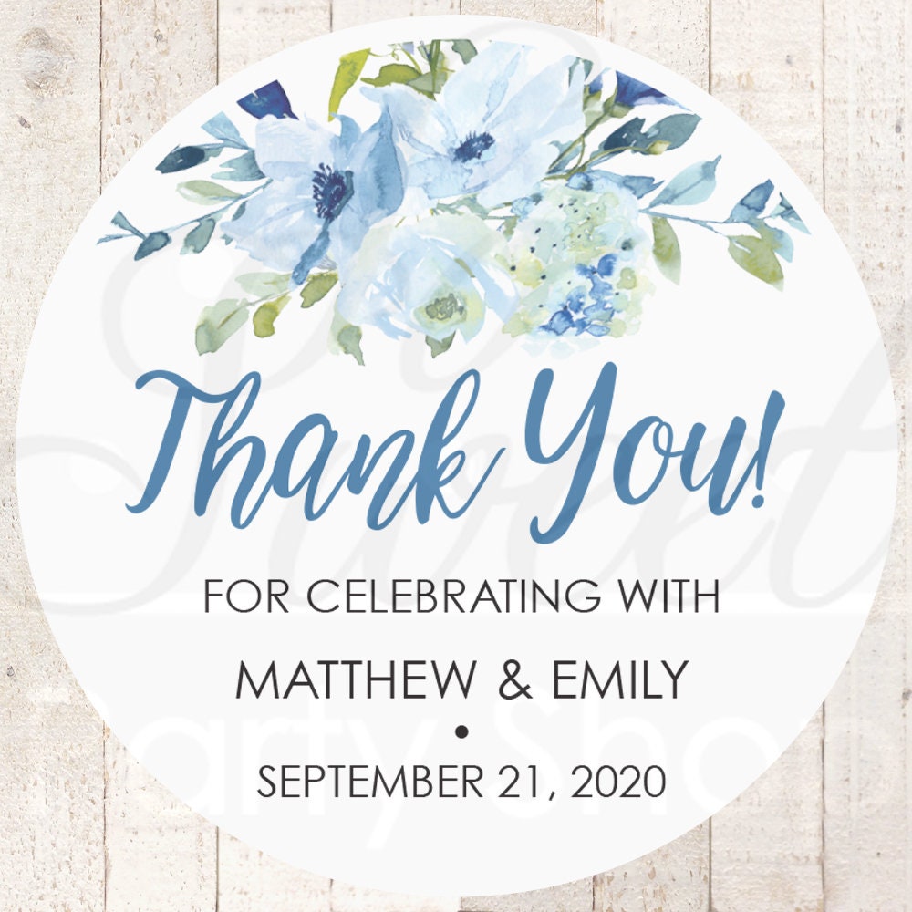 Wedding Favor Stickers, Thank You Sticker Labels, Bridal Shower Favors Blue Floral - Set Of 24 Stickers