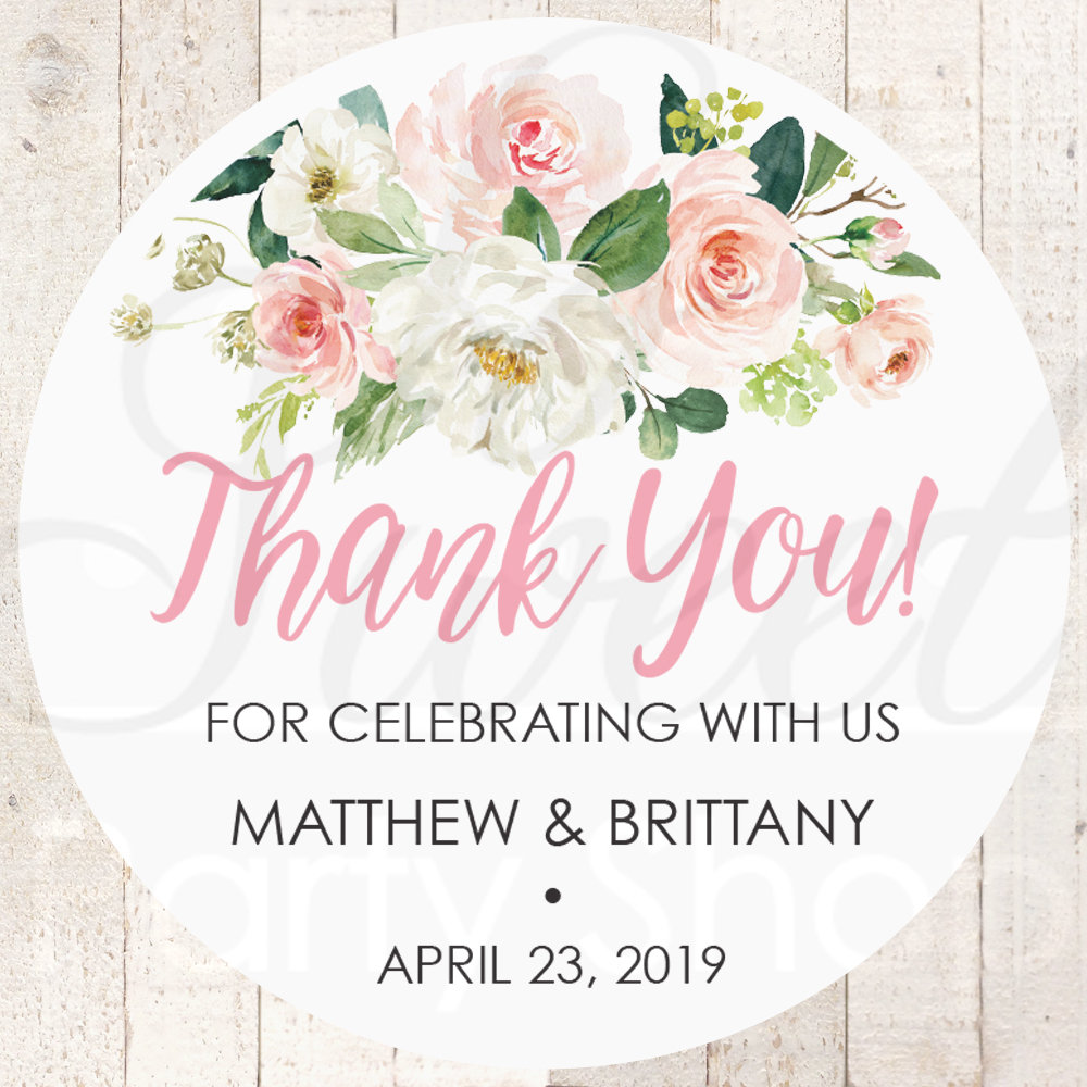 Wedding Favor Stickers, Thank You Sticker Labels, Bridal Shower Favors Pink Floral - Set Of 24 Stickers