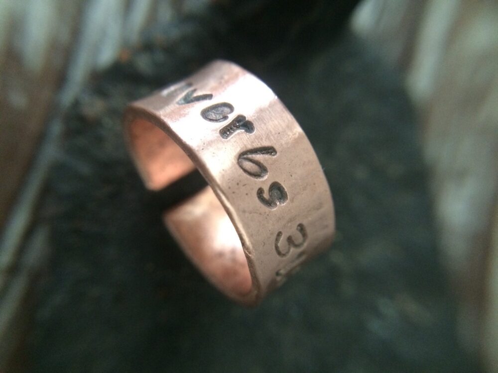Adjustable Raw Copper Wedding Band - Hand Stamped Bible Book & Verse Cuff Ring Customizable Unique 7Th Anniversary Gift For Christians