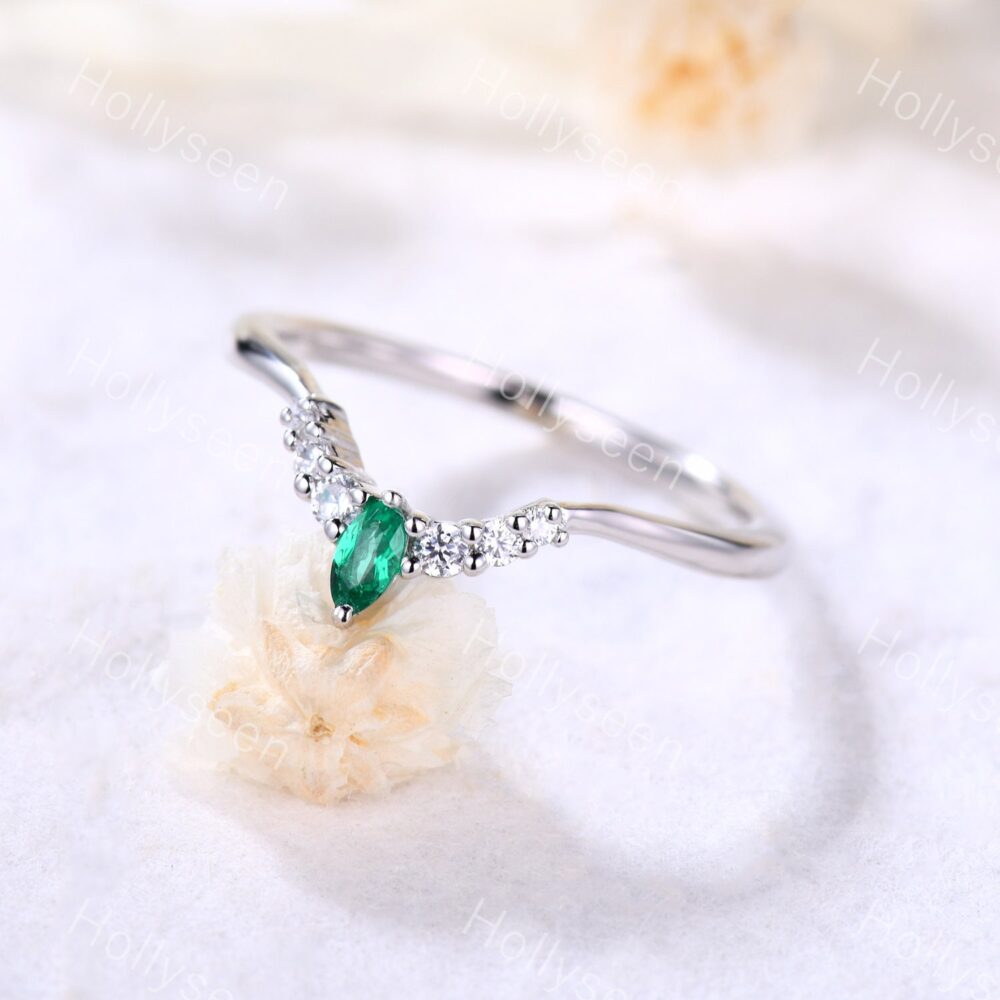 Emerald Cz Diamond Wedding Band U Shaped Rose Gold Engagement Ring Curved Stackable Bridal Women Promise Anniversary