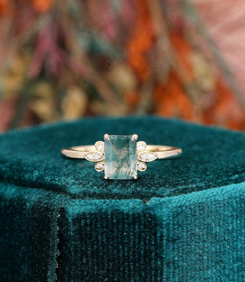 Minimalist Wedding Ring, Personalized Gift For Mom, 14K Rose Gold Engagement Ring, Emerald Cut 5x7mm 1Ct Moss Agate Ring, Vintage Ring Her