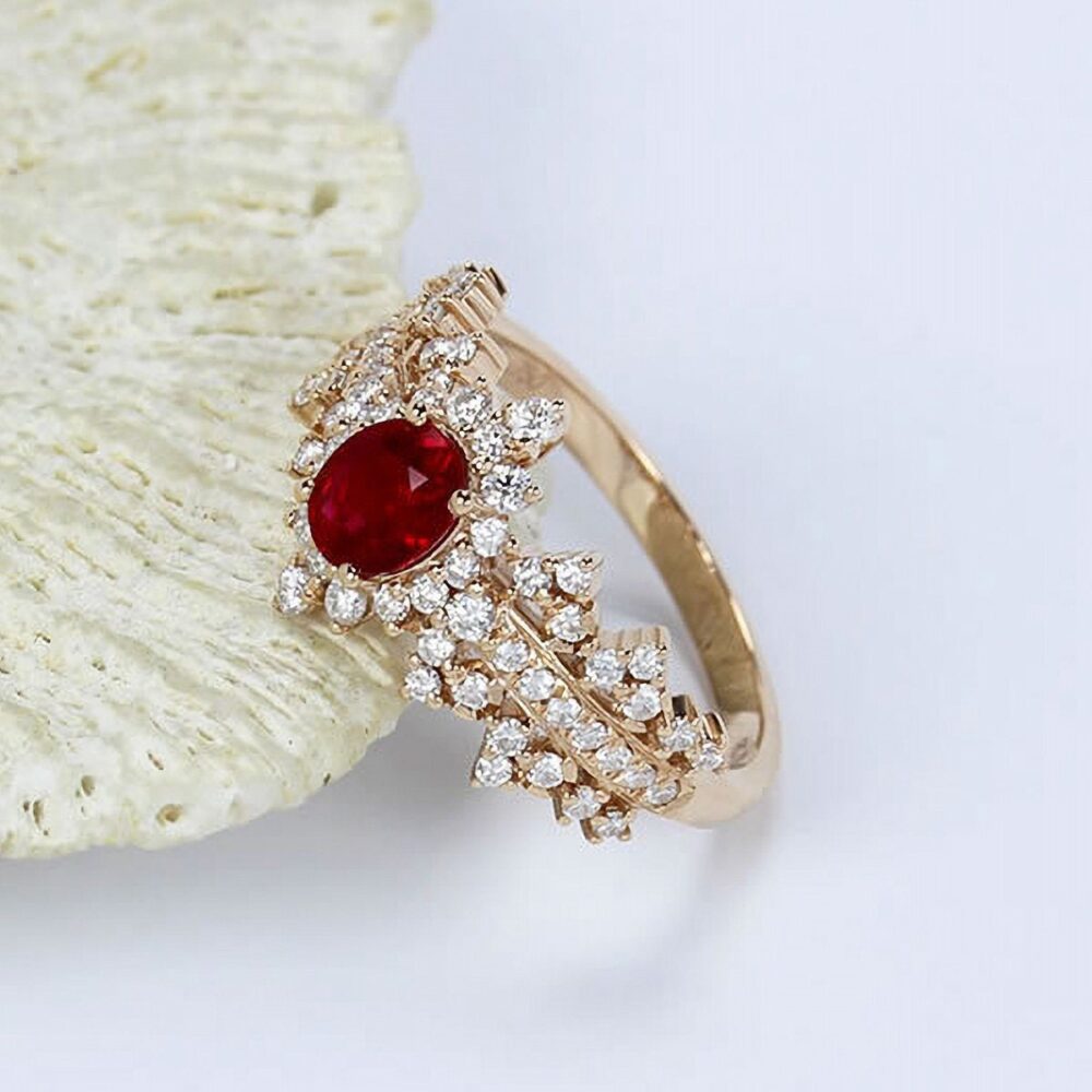 Vintage Natural Red Ruby Diamond Wedding Ring, Oval Cut 0.75Ct Italian Crown Textured Pave Accents 14K Rose Gold Engagement Ring