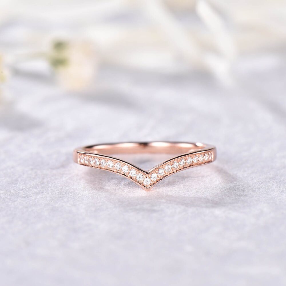 Curved Stackable Cz Diamond Wedding Band Rose Gold Engagement Ring Chevron Matching V Shape Stacking Women Anniversary Bridal