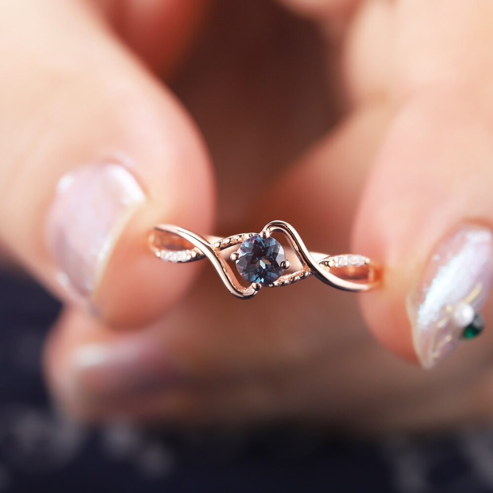 Alexandrite Engagement Ring, Unique Twig Promise Gold Wedding Ring Cross Band June Birthstone Anniversary