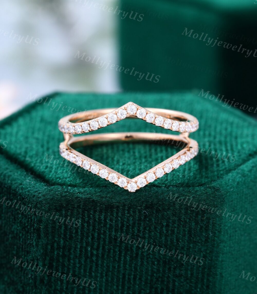 Unique Rose Gold Wedding Band Double Cross Moissanite Vintage Bridal Ring Half Eternity Stacking Matching Gift For Her