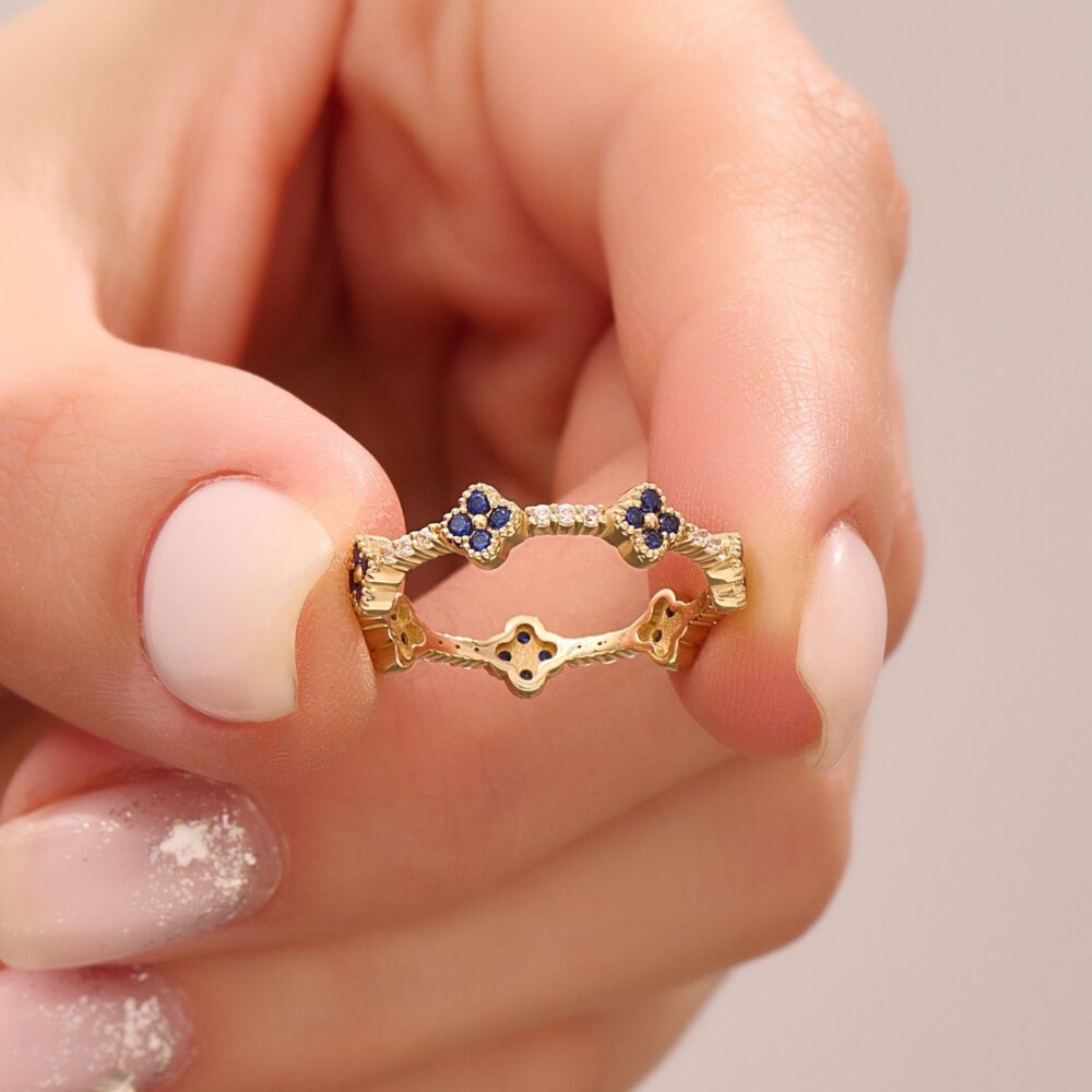 Lab Sapphire Blue Flower Wedding Ring 14K Solid Gold Eternity Band Pave Stackable Cross Detail Dainty Minimal Gift