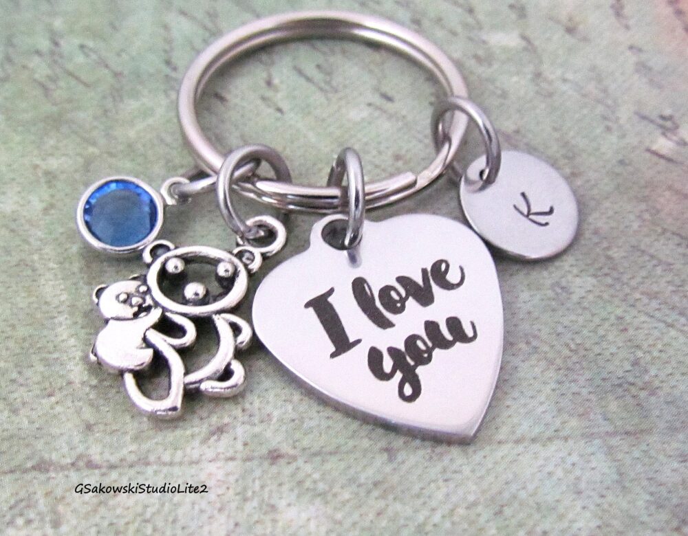 I Love You Mama Bear Charm Key Ring, Personalized Antique Silver Initial Mother Daughter Gift Keyring Chain