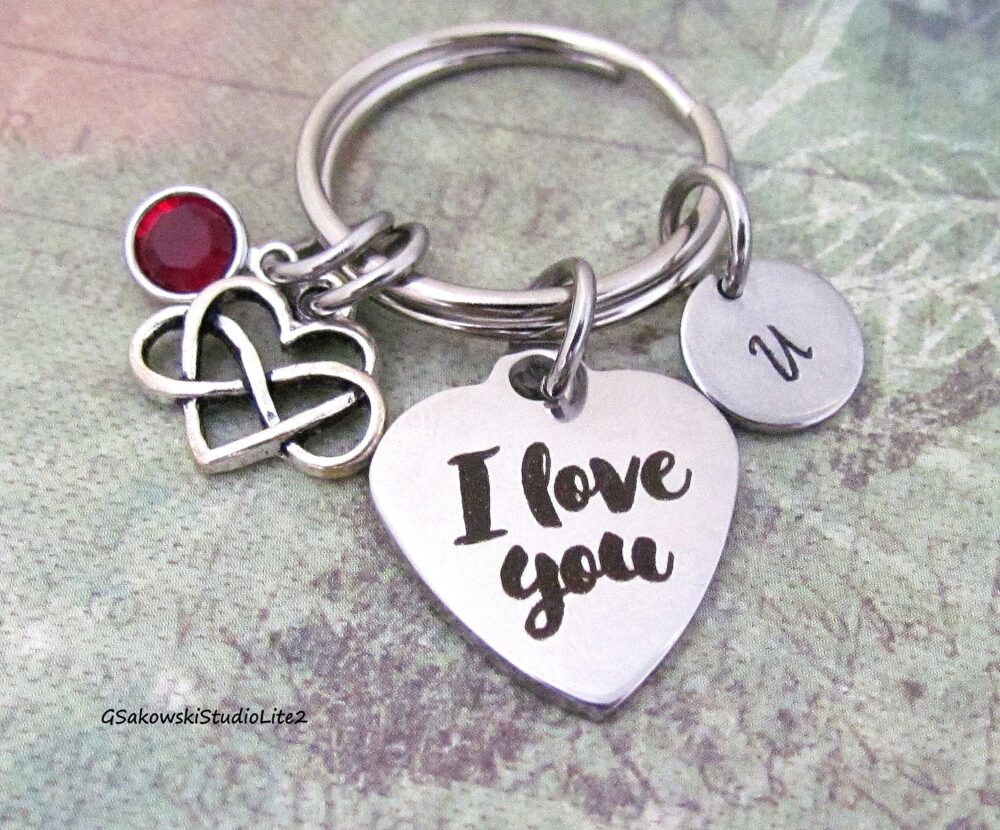 I Love You Infinity Heart Charm Key Ring, Personalized Antique Silver Initial Mother Daughter Couple Gift Keyring Chain