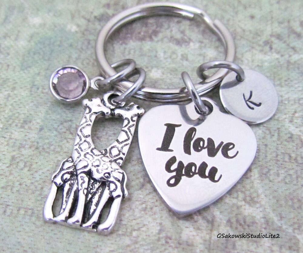 I Love You Giraffe Heart Charm Key Ring, Personalized Antique Silver Initial Mother Daughter Friend Two Giraffes Gift Keyring Chain