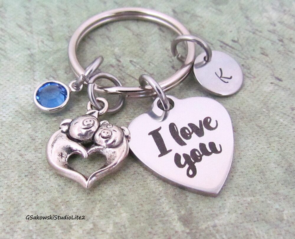 I Love You Two Pigs Heart Charm Key Ring, Personalized Antique Silver Initial Mother Daughter Friend Gift Keyring Chain
