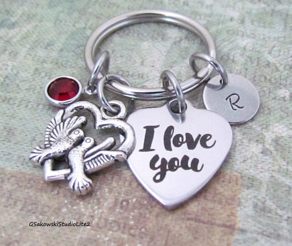 I Love You Two Birds Heart Charm Key Ring, Personalized Antique Silver Initial Couple Mother Daughter Friend Gift Keyring Chain