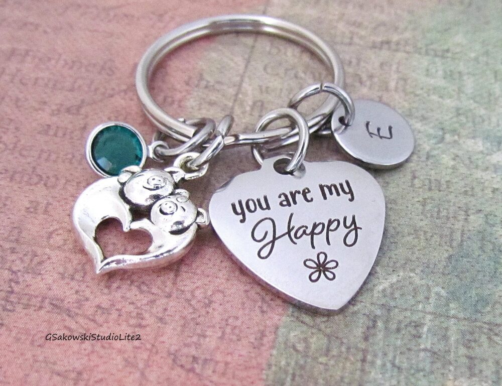 You Are My Happy Pigs Heart Charm Key Ring, Personalized Antique Silver Initial Mother Daughter Friend Gift Keyring Chain