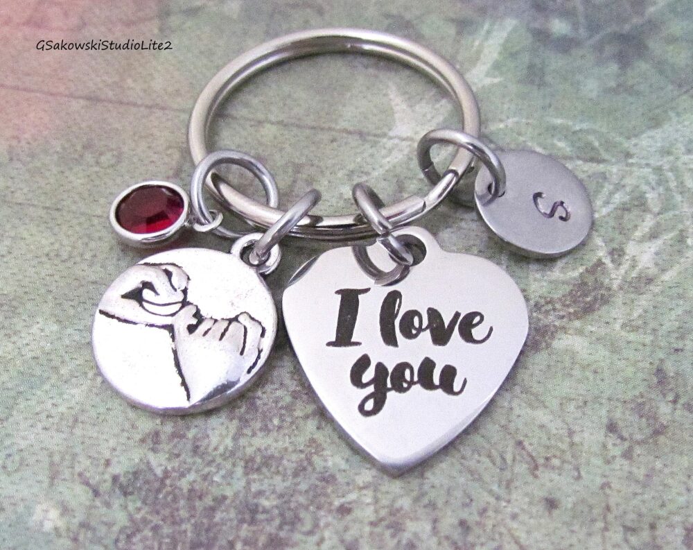 I Love You Pinky Promise Charm Key Ring, Personalized Antique Silver Initial Mother Daughter Couple Gift Keyring Chain