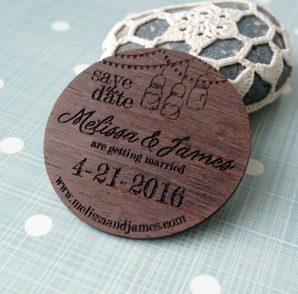 Save The Dates, Save Date Magnets, Mason Jar Design, Wood Wooden Engraved Rustic Dates