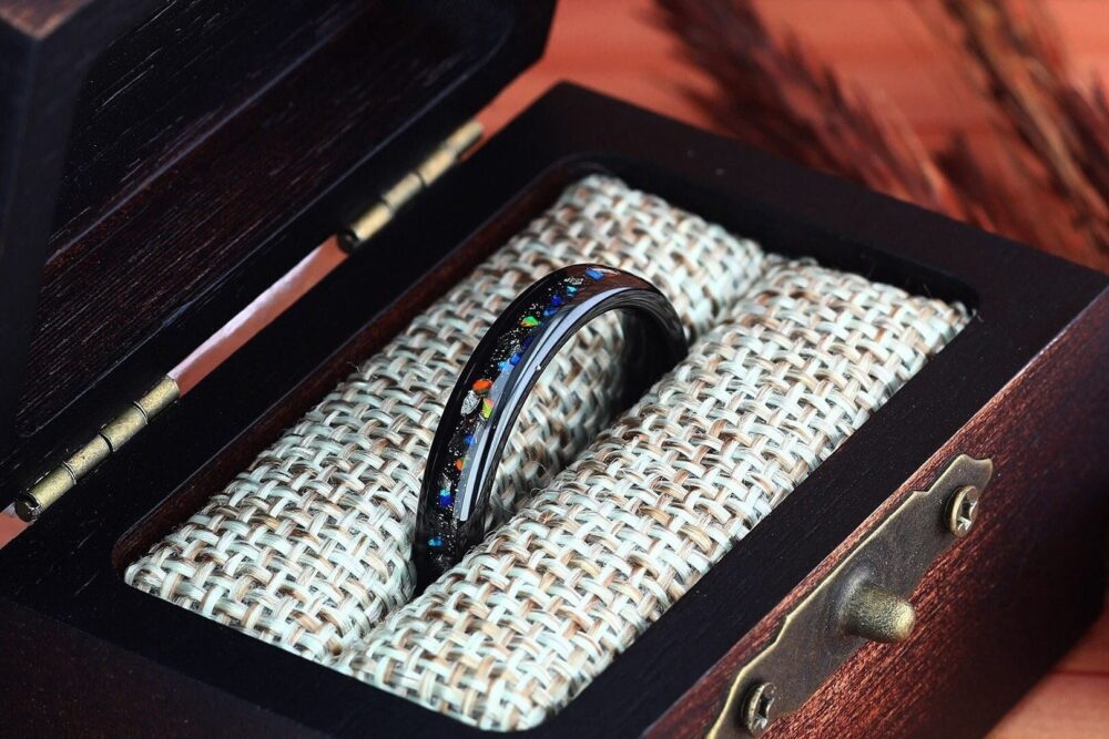 Womens Wedding Ring, Black Tungsten Meteorite & Galaxy Opal, Opal Ring, Band, Gift For Her, 4mm Comfort Fit