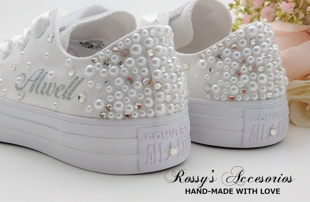 Personalized Pearls Crystal Wedding Converse For Bride/White Shoes Custom Bling Low Top