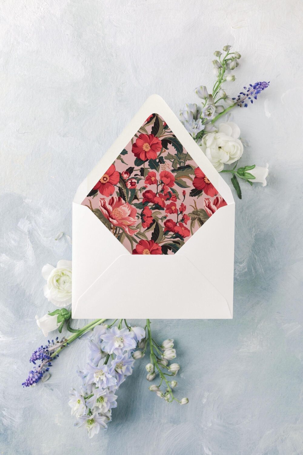 Modern Floral Wedding Envelopes, Dusty Pink Envelope Liner Muted Colors, Whimsical Chintz Lined Envelopes Wedding, "Elysian Petals"