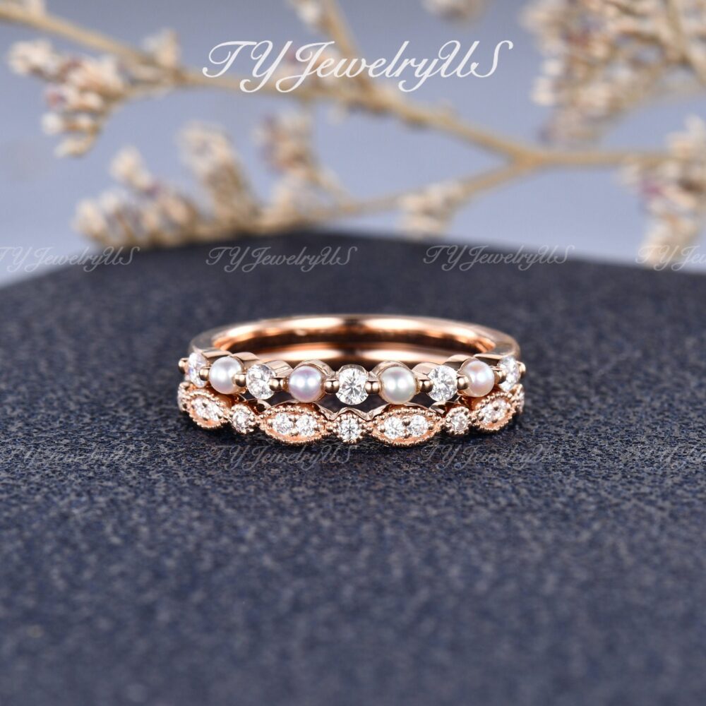 Pearl Diamond Wedding Bands Woman 2Pcs Rose Gold Band Ring Art Deco Moissanite Milgrain Antique Half Eternity Delicate Dainty