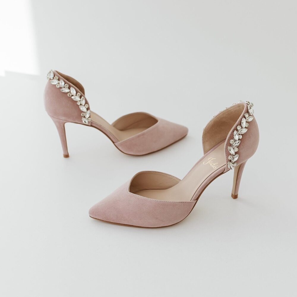 Light Purple D'orsay Wedding Shoes With Crystal Embroidery, Classic Bridal Pumps Almond Toe, V-Notch Vamp & Pointy High Heel