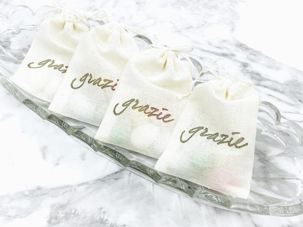 Italian Favor Bags For Wedding, Shower - Grazie Mini Cotton Favor Bags Sugared Jordan Almonds Hand Stamped, Bulk Gift Guests