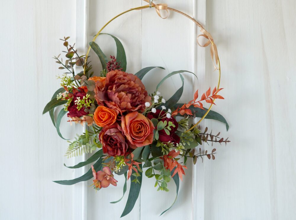 Rust Orange Dusty Wedding Wreath, Artificial Faux Flowers Bridal Bridesmaids Wreath, Decorative Wreath