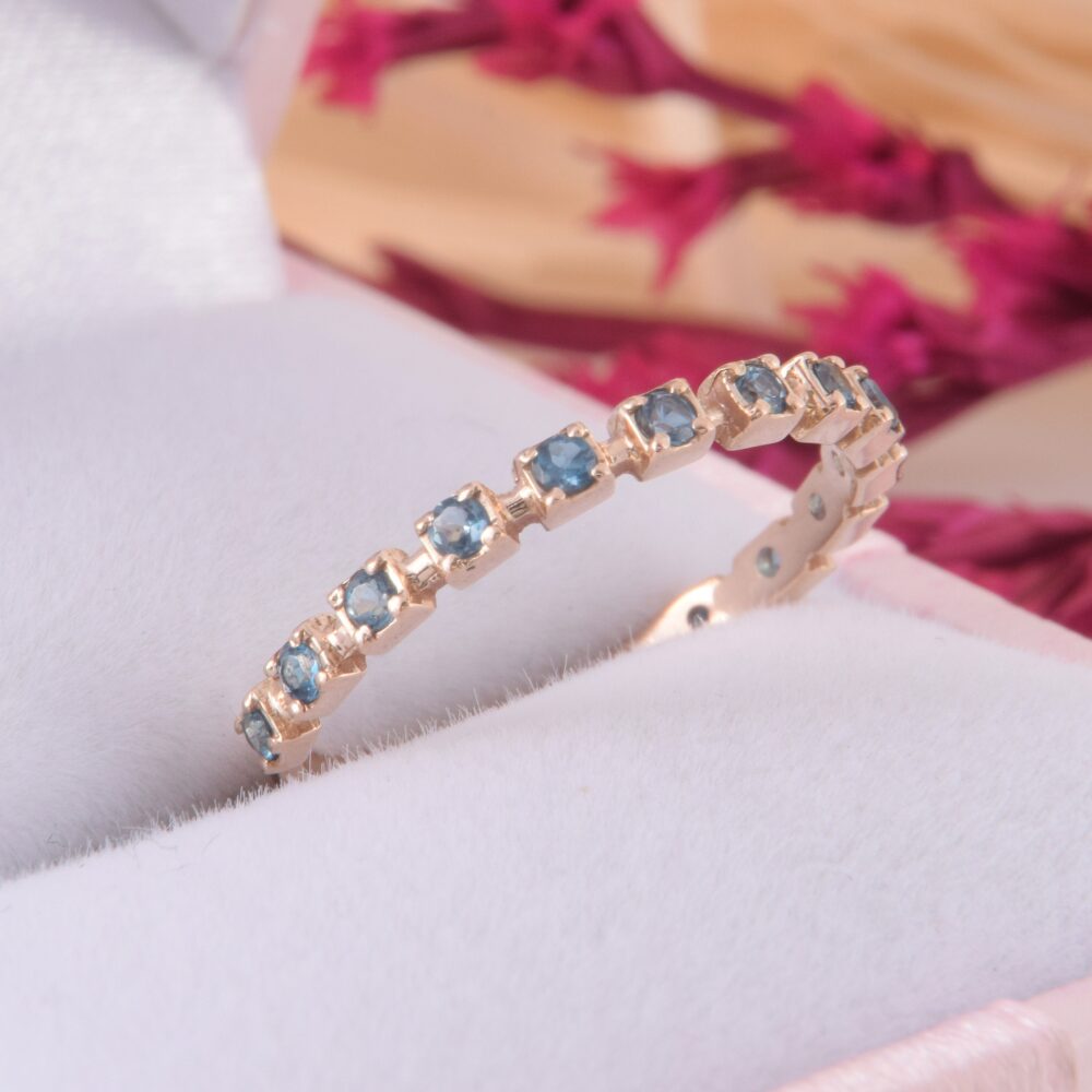 Unique 14K Rose Gold Blue Topaz Wedding Band For Her, Dainty & Small Womens Band, Womens London Ring, Delicate