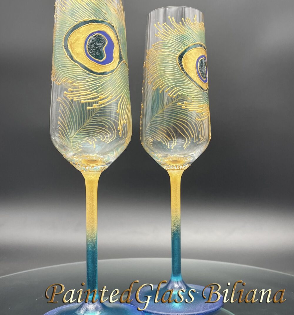Peacock Feather Wedding Champagne Flutes Hand Painted Gold & Blue, Set Of 2