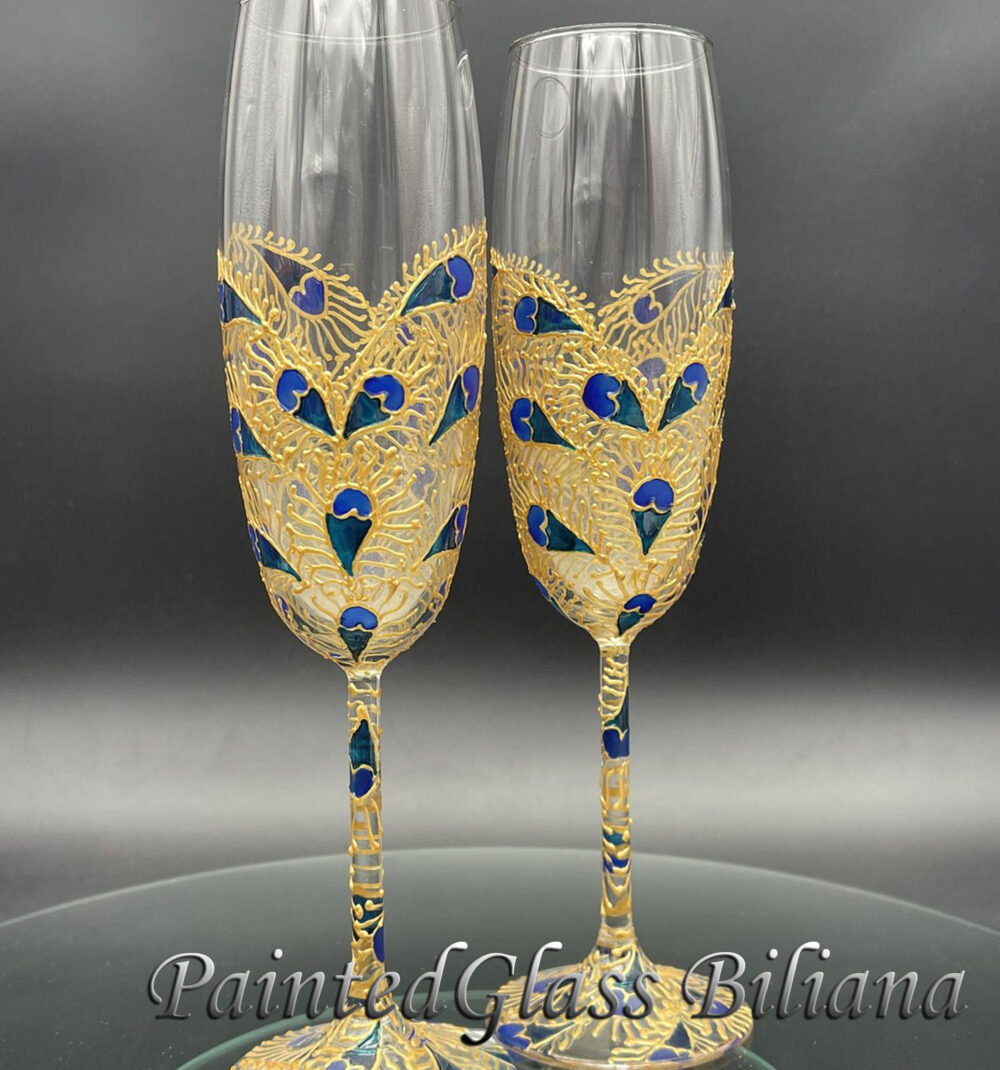 Hand Painted Wedding Champagne Flutes Gold Peacock Feather Lace, Set Of 2