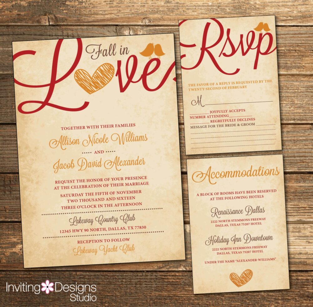 Fall Wedding Invitation, Autumn Suite, Red Orange & Brown, Vintage, Rsvp, Accommodations, Printable Suite | Printable File