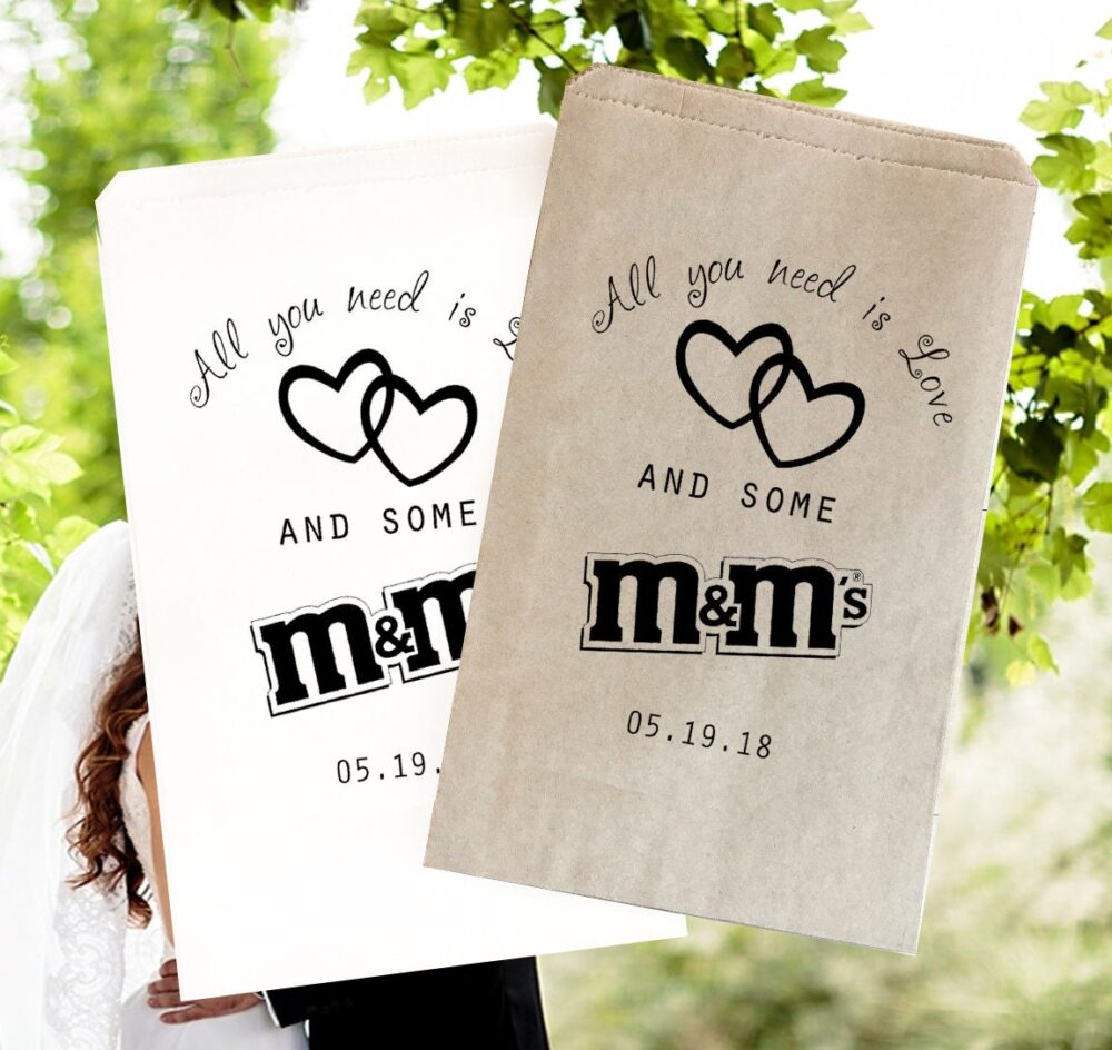 M&m Wedding Treat Bag, Personalized Favor, All You Need Is Love, 5" X 7"