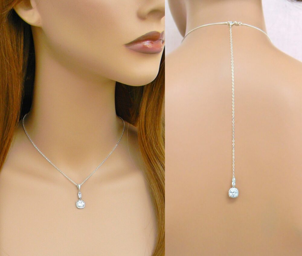 Dainty Back Necklace, Wedding Backdrop Gold Bridal Rose Earrings, Cushion Cut, Maisie Crystal Jewelry