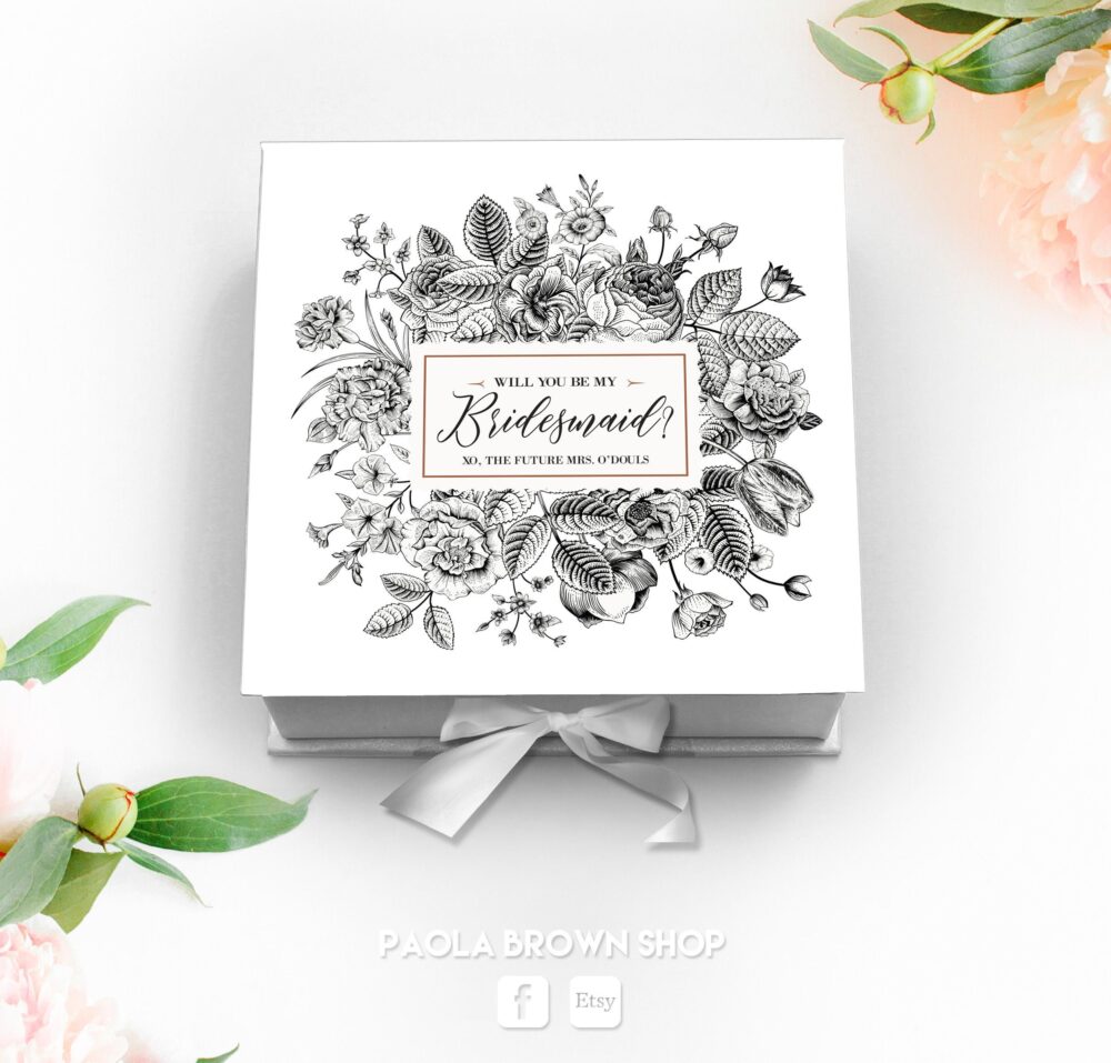Black & White Wedding Set, Botanical Flowers Bridesmaid Proposal Box Proposal - Will You Be My Gifts