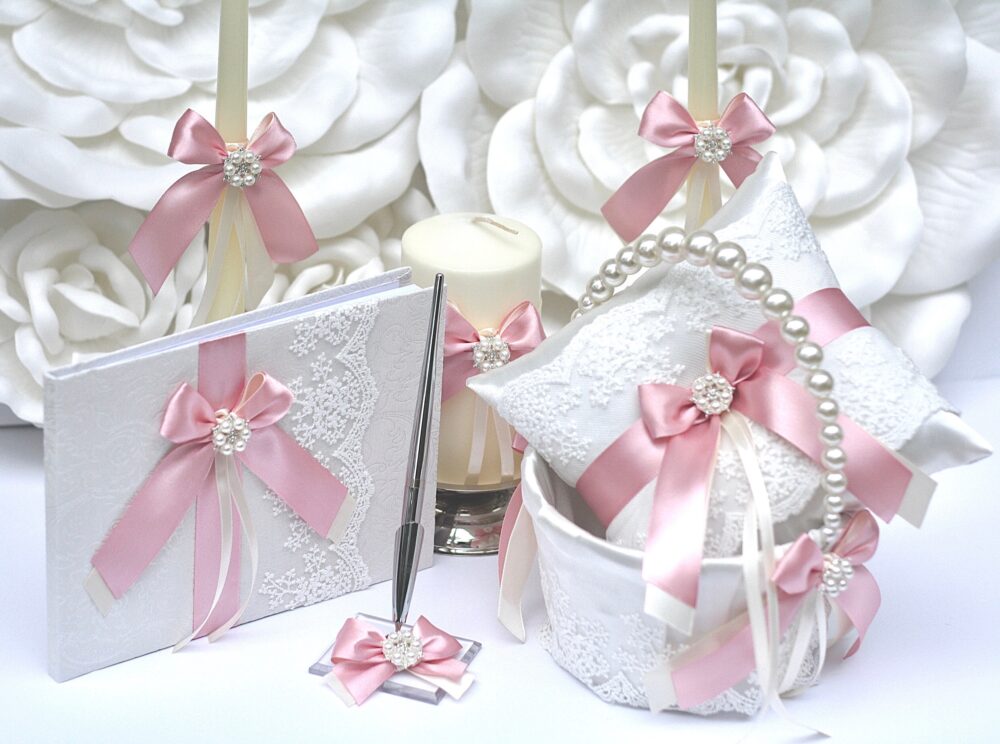 Rose Gold Wedding Flower Girl Basket Ring Bearer Pillow Guest Book With Pen Unity Candle Set, Dusty Cushion