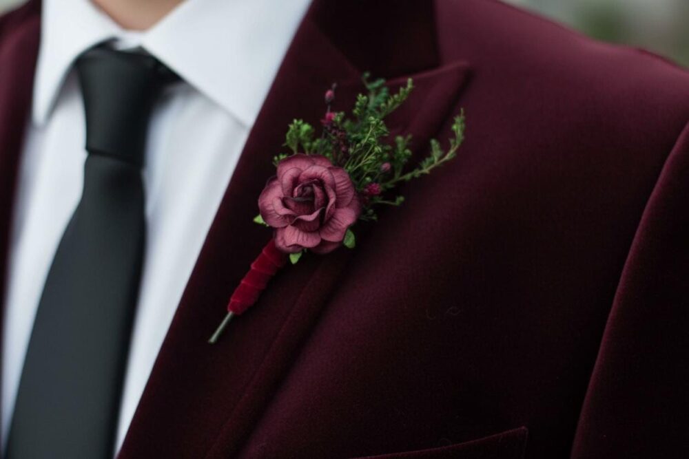 Burgundy Wedding Boutonniere, Rustic Accessory For Groom & Groomsmen, Burgundy Red Wrapped in Velvet Ribbon, Dried Preserved Flowers