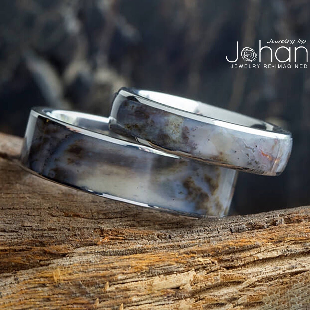 Titanium Petrified Wood Wedding Band Set, Coordinating Rings