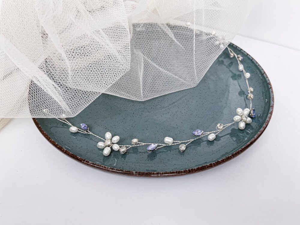 Lilac Crystal Wedding Hair Vine, Pearl Rhinestone Hairpiece