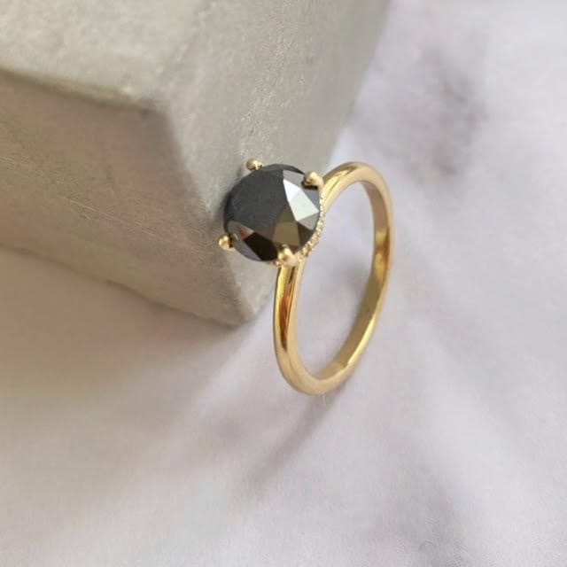 Amazing Big Black Diamond Engagement Ring, Delicate Hidden Halo, Promise Ring 14K Solid Gold