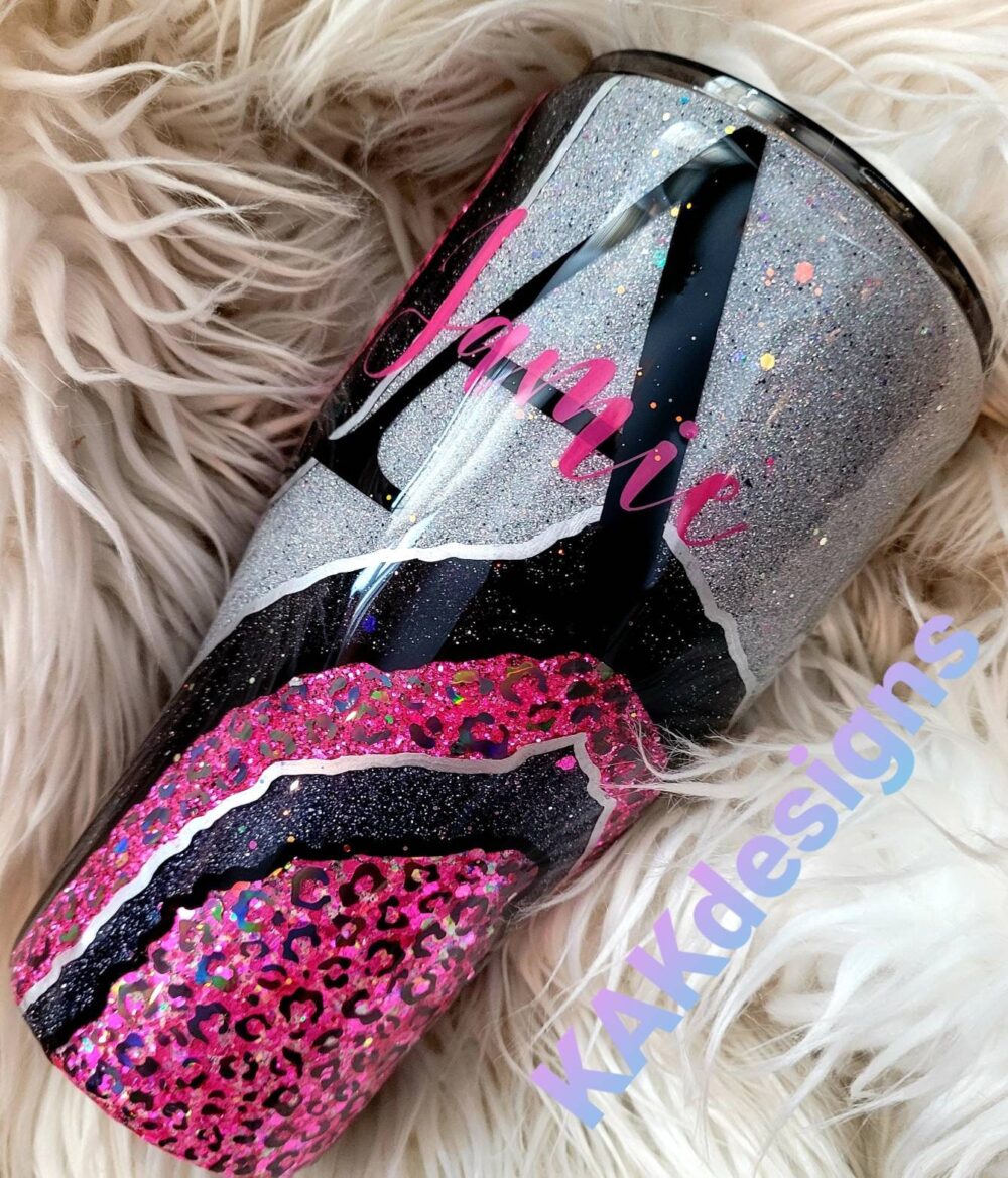 Pink Leopard Geode Tumbler Glitter Dipped, Personalized Tumbler