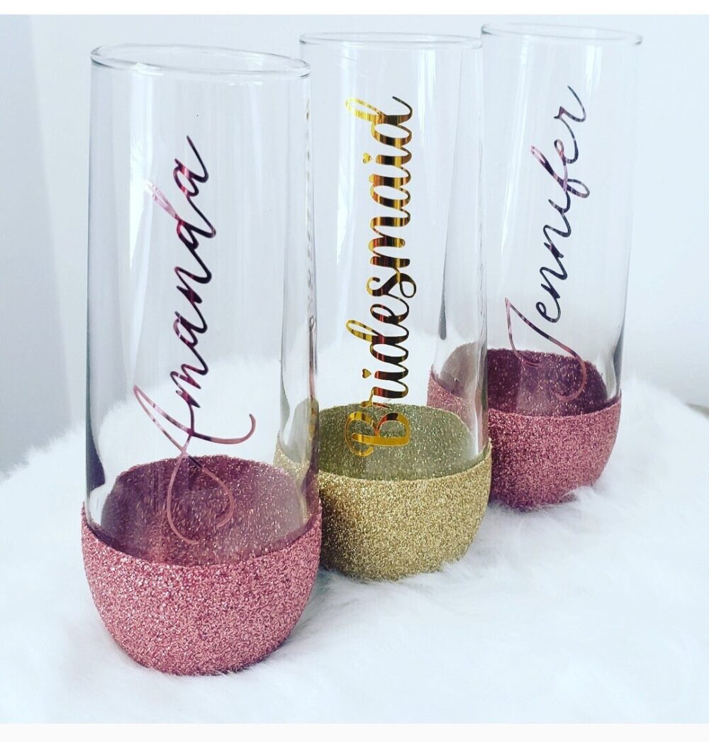 Bridesmaids Champagne Flutes-Personalized Stemless Glitter Glass - Bride Gift - Engagement Wedding - Bridesmaid - Bridal Party