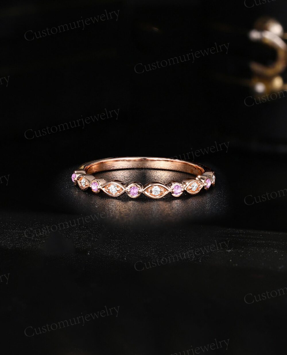 Antique Pink Sapphire Wedding Band, Rose Gold Band Ring, Unique Half Eternity Moissanite Bridal Matching Stacking Anniversary Ring
