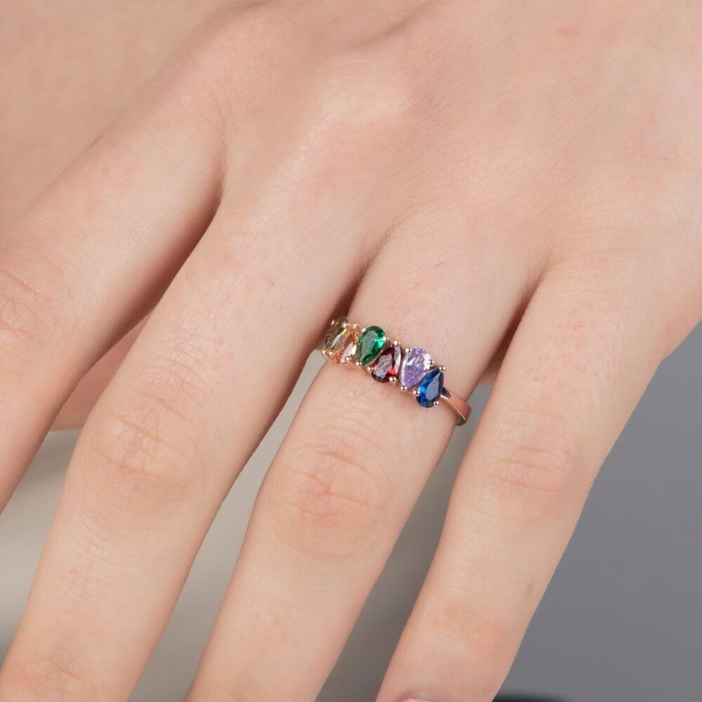 14K Gold Family Birthstone Ring, Teardrop Pear Gemstone, Personalized Gift