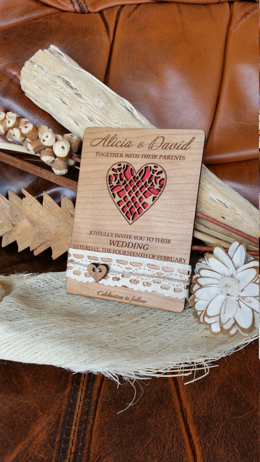 Love Heart Wedding Invitation | 10/ Wood Wedding Invitation/ Unique /Rustic/Lace